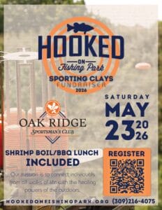 Poster for a "Hooked On Fishing Park Sporting Clays Fundraiser" on Saturday, May 23rd, 2026. The event includes a shrimp boil/BBQ lunch and features the Oak Ridge Sportsman's Club. A QR code for registration and contact information are also visible.