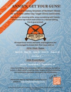 Poster for Annie Oakley Shooters of Northern Illinois offering Ladies Clay Target Clinics and Events in 2026. Features a logo with crossed shotguns over a clay target, dates for clinics and events, fee information, and a QR code to register.