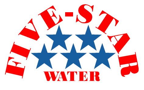 Red text "FIVE-STAR" arched over six blue stars, with red text "WATER" below.